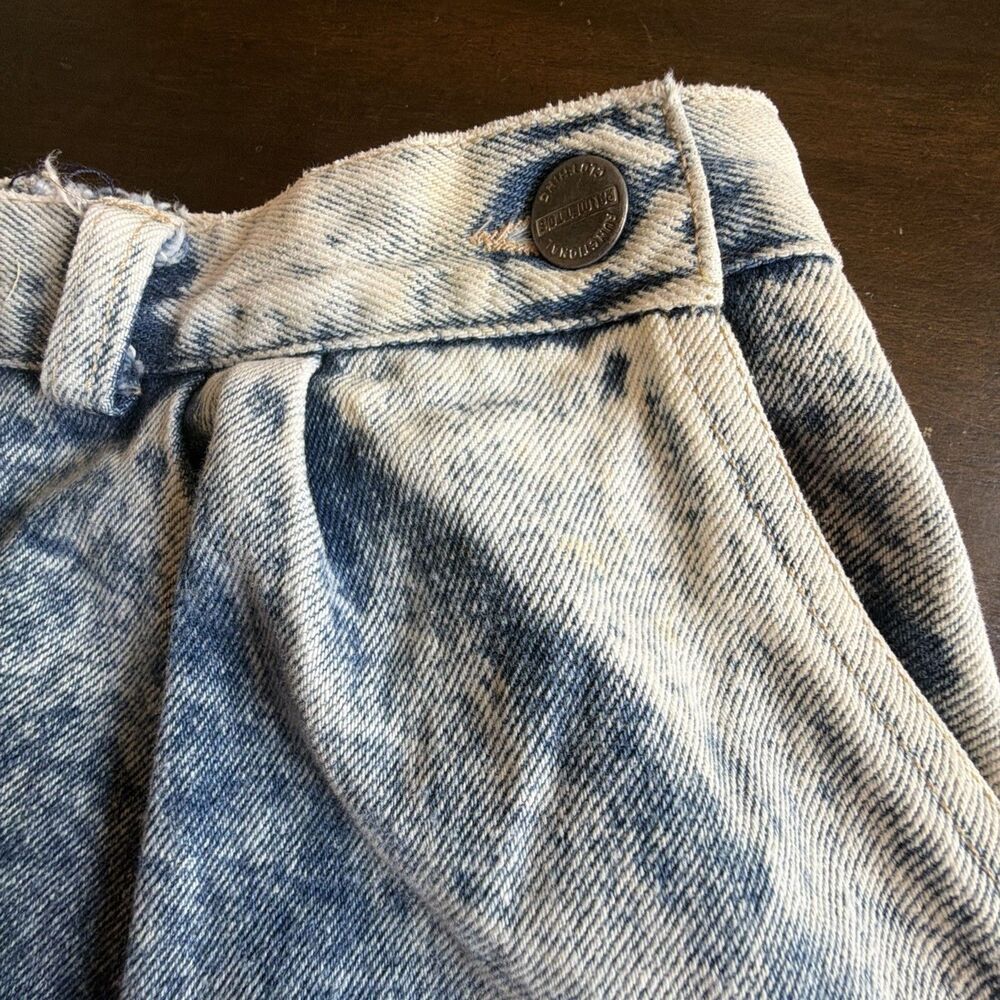 Vintage 80s Palmettos Acid Wash Denim Midi Skirt Pleated Button Back Slit L 16 - Picture 6 of 16
